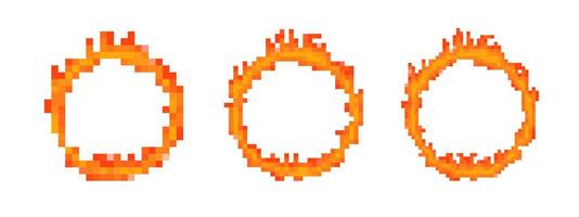 Mosaic pixel fire rings with vibrant flames in retro 8 bit style vector