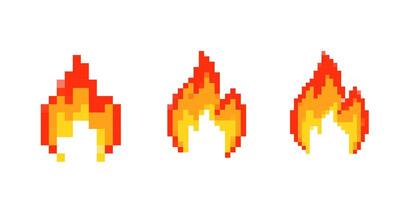 Mosaic pixel art fire icons in bright red and yellow for retro game design vector