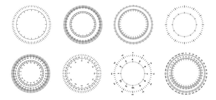 Circular measuring scale graphics with detailed radial tick marks and numeric indicators vector