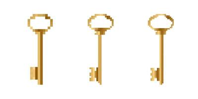 Mosaic pixel art golden key icons in retro 8 bit style for games and creative projects vector