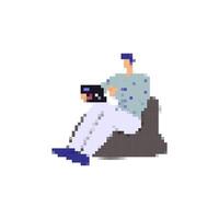 Mosaic pixel-style icon of person relaxing on bean bag with laptop in casual outfit vector