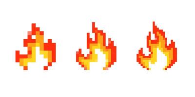 Mosaic pixel art icons of vibrant 8 bit style fire illustrations for retro designs vector