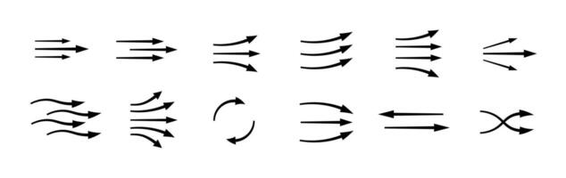 Arrows show dynamic air flow and motion with various shapes and directions vector