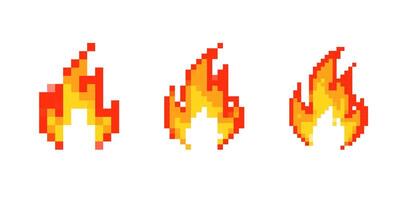 Mosaic pixel icons of fiery flames in retro 8 bit style for nostalgic game designs vector