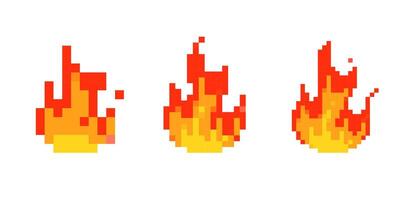 Mosaic pixel art fire icons showing bright flame in retro 8 bit style for game design vector