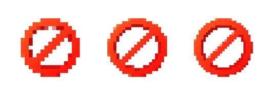 Mosaic pixel red warning signs in classic 8 bit retro art style for attention-grabbing icon vector