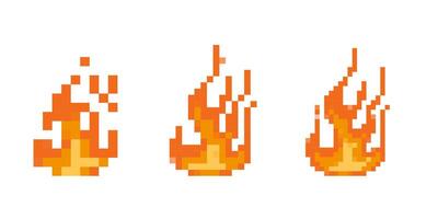 Mosaic pixel art flames in retro style featuring three dynamic fire icons vector