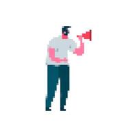 Mosaic icon of man with megaphone in pixel art style for fun communication vector