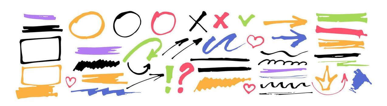 Creative doodle set with arrows, frames, and highlights for document annotation vector