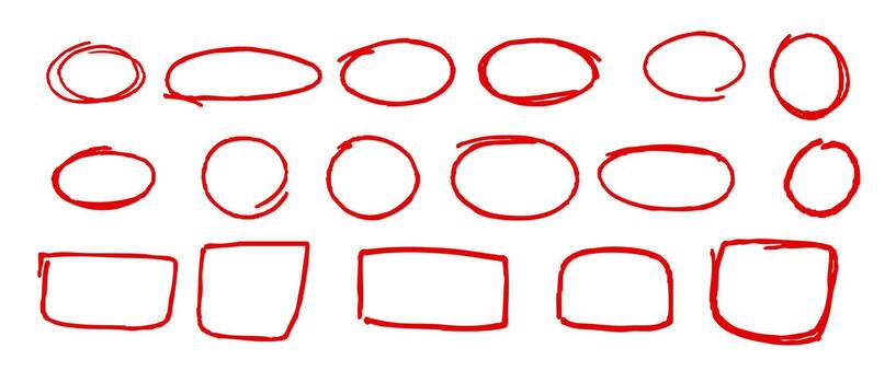 Creative set of hand drawn red circles and squares for annotation and highlighting vector