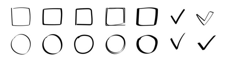 Collection of hand drawn and minimal checkbox icons with circles and squares vector