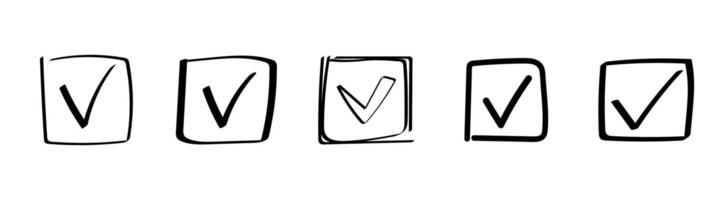 Hand drawn checkbox icons with sketchy checkmark variations in square shapes vector