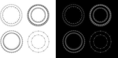 Circular measuring scales with radial tick marks and concentric numeric indicators vector
