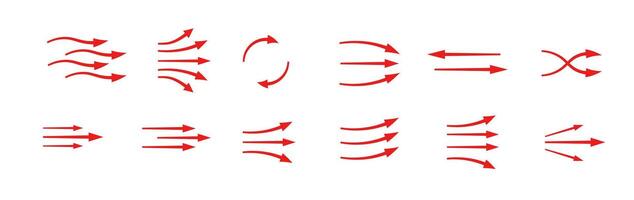 Red arrows showing different flow directions and motion styles in various dynamic shapes vector