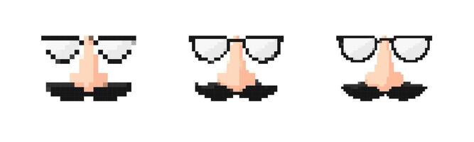 Mosaic pixel art icon featuring funny glasses with nose in 8 bit style for retro design vector