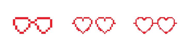 Mosaic pixel art icons of glasses heart in retro digital style vector