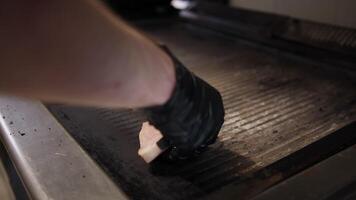 Chef Putting A Slice Of Swordfish On Top Of The Grill video