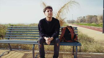 Man On The Bench In The Nature Feeling The Air Breeze And Relaxing video