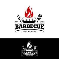 logo with barbecue grill, fire, fork, and spatula vector