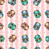 cute cartoon owls seamless pattern on striped background vector