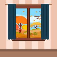 autumn window view with colorful trees cartoon illustration vector
