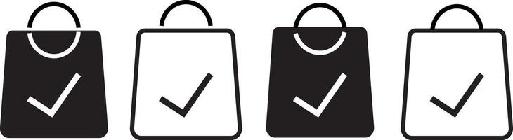 set off Shopping Bag Check Mark Icon set, representing order completion, success,Symbol isolated white illustration, vector