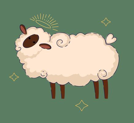 A charming illustration of a cute cartoon sheep with a halo and sparkling features for all ages