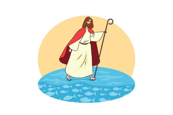 An inspiring illustration depicting a Shepherd who is walking gracefully on the water surface