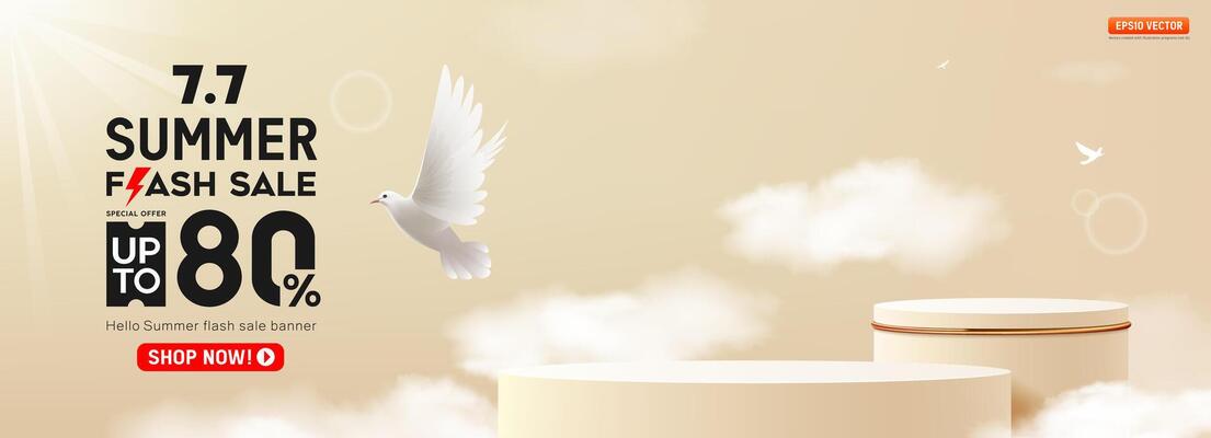 Summer flash sale cream color podium with white bird flying on cloud banner background