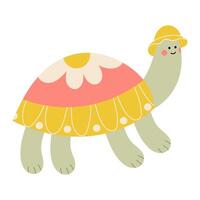 Adorable cartoon turtle wearing a sun hat with a cute flower on its shell. This sweet illustration features a smiling turtle in a summer style, perfect for childrens products, stickers, prints. vector