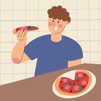 Person eating pizza slice vector