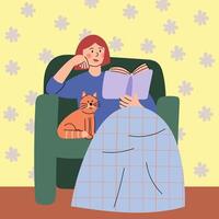 Woman sitting in a chair with a red cat, wrapped in a blanket and reading a book. Flat illustration representing comfort, leisure, and quiet time indoors. vector