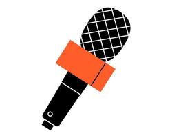 Hand drawn cute cartoon illustration of interview microphone. Flat sound recording sticker doodle. Speech audio device icon or print. Podcast or talk show studio equipment. Isolated. vector