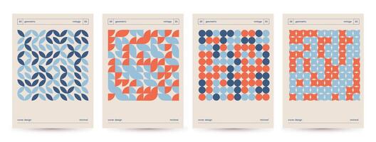 Abstract covers set with Bauhaus geometric pattern square backgrounds, circle, triangle and square flat art design. Blue and red Bauhaus Swiss pattern , posters minimal collection. vector