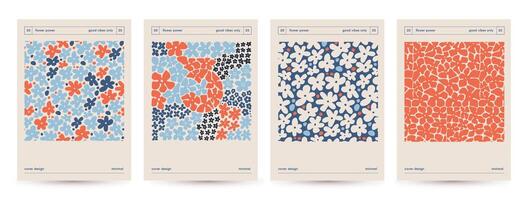 Abstract Vintage Posters Set with Daisy Flower. Aesthetic retro flat Art Illustration. Groovy floral square Patterns. vector