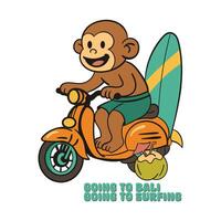 Going bali going surfing cat with vespa brings a surfing board clothing and sticker design vector
