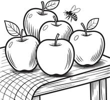 Apples and a Bee on a Table vector