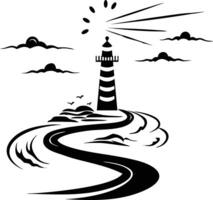 Lighthouse on a rocky coast with waves and clouds vector