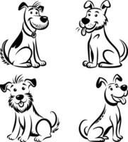 Four playful and happy cartoon dogs in black and white line art vector