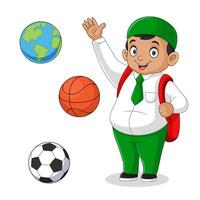 Cartoon of little fat boy student showing basketball atlas ball and kick ball vector