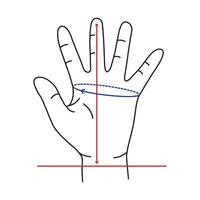 Measuring Hand for Gloves editable stroke. Defining correct hand size. To find out glove size, measure around hand with a tape measure across palm. Measuring the distance between the mark. vector