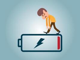 Concept of running out of energy to work. employee is exhausted but still working. low battery and tired. work problems. symbol of a worker working by supporting a battery. vector