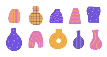 Colorful hand drawn abstract vases of different shapes in flat style. Hand drawn tableware decor element collection. Bright cut-out elements vector