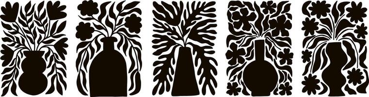 Set of groovy floral botanical black background in trendy naive retro hippie 60s 70s style. Vertical poster with silhouette abstract wavy flower in vase vector