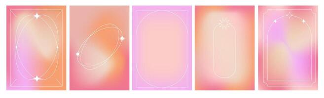 Abstract colorful gradient template pink gradient background. Minimalist aura Y2K poster with frames and stars. Fluid pastel pink fliers vector