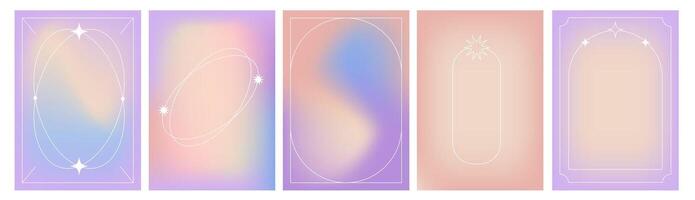 Abstract colorful gradient template blue gradient background. Minimalist aura Y2K poster with frames and stars. Fluid pastel purple fliers vector