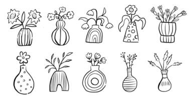 Set of abstract outline flower bouquet in vase. Trendy doodle ink floral graphic. Drawing botanical elements. vector