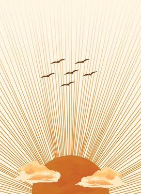 Retro Sunrise Sunset wall art poster decoration. Beautiful Sunburst patterns background art design