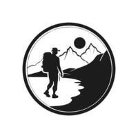 Explore mountain adventure with graphic hiker in circle vector