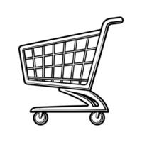 A stylized, black and white line drawing of a shopping cart. vector